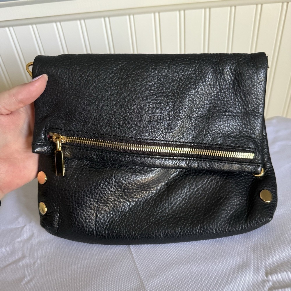 Hammitt VIP Medium Black Pebbled Leather Fold Over Crossbody Bag Clutch Purse